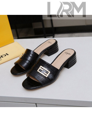 Fendi Stone Embossed Leather Slide Sandals 4cm Black 2022