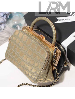 Chanel Crocodile Embossed Calfskin Kiss-Lock Double Top Handle Bag AS0796 Gold/Black 2019