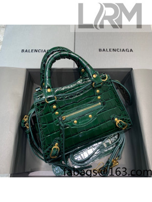 Balenciaga Neo Classic Mini Bag in Shiny Crocodile Embossed Leather Dark Green/Gold 2021 638512