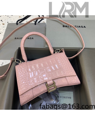 Balenciaga Hourglass Small Top Handle Bag in Shiny Crocodile Leather Powder Pink 2021