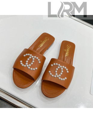 Chanel Pearly CC Leather Flat Slide Sandals Brown 2022