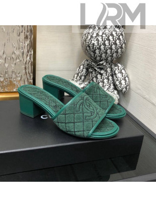 Chanel Quilted Towel Fabric Slide Sandals 4cm Green 2022