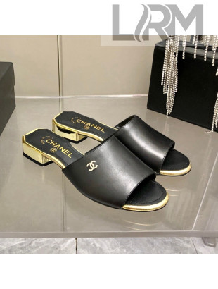 Chanel Leather Slide Sandals Black 2022 25