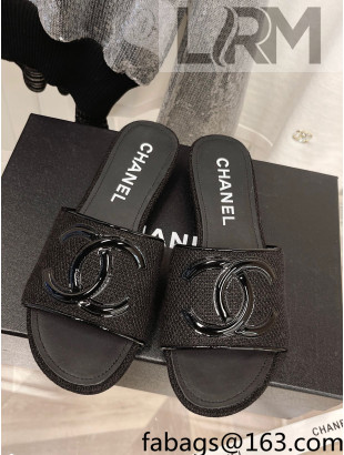 Chanel Tweed Flat Slide Sandals Black 2022 030512