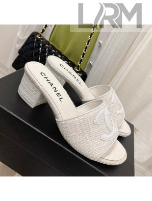 Chanel Tweed Medium Heel Slide Sandals 4.5cm White 2022 030523