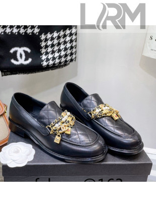 Chanel Lambskin Loafers with Lock Chain G38922 Black 2022