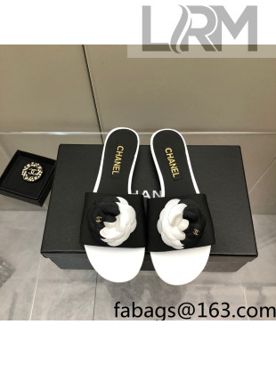 Chanel Grosgrain Camellia Bloom Flat Slide Sandals White/Black 2022 0321103