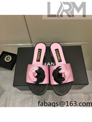 Chanel Grosgrain Camellia Bloom Flat Slide Sandals Pink/Black 2022 0321105