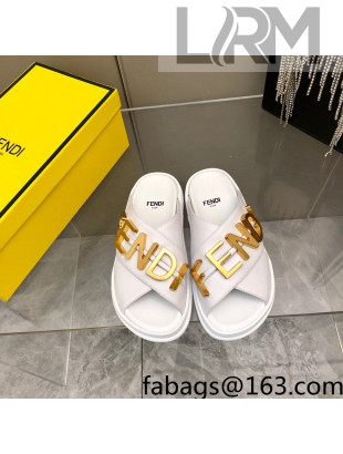 Fendi Fendigraphy Leather Lettering Flat Slide Sandals White 2022 032237