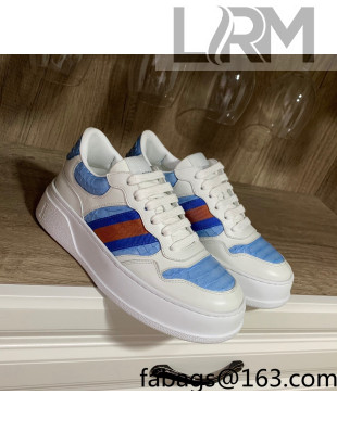 Gucci Snakeskin Embossed Leather Sneaker with Web Blue 2022