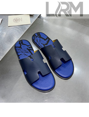 Hermes Men's Izmir Print Leather Flat Slide Sandals Dark Blue/Sky Blue 2021 32