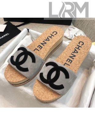 Chanel Suede CC Logo Platform Mules G35799 Grey 2020