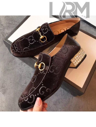 Gucci Horsebit GG Velvet Loafer with Crystals Heel 522698 Brown 2019