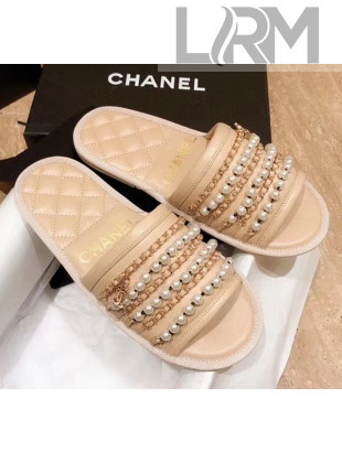 Chanel Lambskin Chains & Pearls Flat Mules Sandals Beige 2020