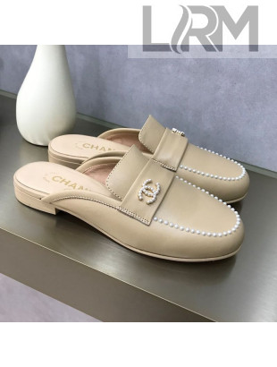 Chanel Calfskin Pearl Charm Mules Beige 2020