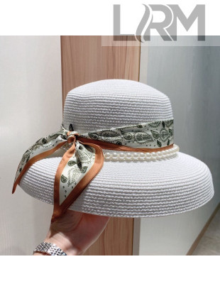 Gucci Straw Bucket Hat with Pearl and Silk Band White 2021