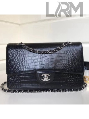 Chanel Calfskin Alligator Classic Medium Double Flap Bag Black 2018