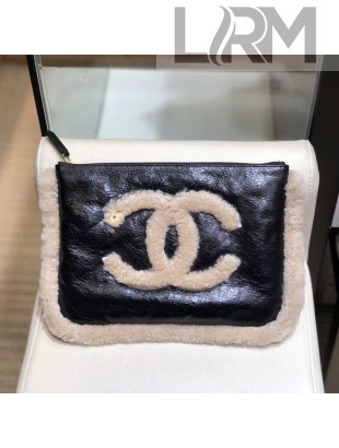 Chanel Shiny Crumpled Sheepskin and Shearling Sheepskin Pouch A86096 Beige/Black 2019