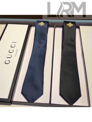 Gucci Silk Tie with Gold Bee Embroidery Dark Blue/Black 2021