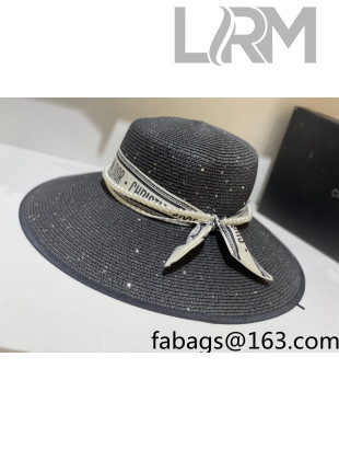 Dior Staw Wide Brim Hat with Pearl and Silk Band Black 2021