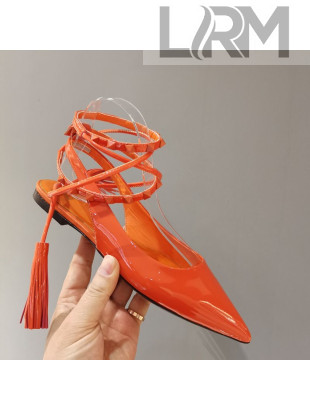 Valentino Roman Stud Shiny Lambskin Ballerinas with Tassel Strap Orange 2021