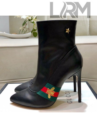 Gucci Leather High-heel Short Boot with Web and Bee Black 2019