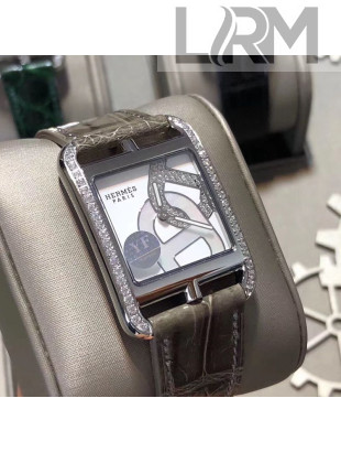 Hermes Cape Cod Crocodile Embossed Leather Crystal Square Watch Grey 2019