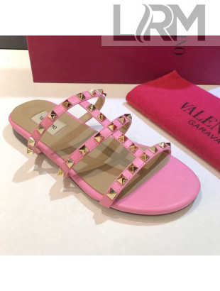 Valentino Rockstud Triple Leather Flat Slide Sandals Pink 2021