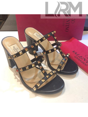 Valentino Rockstud Triple Leather Heeled Slide Sandals 9.5cm Black 2021