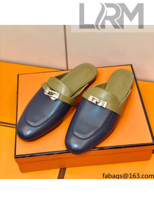 Hermes Oz Mule in Smooth Calfskin with Iconic Kelly Buckle Khaki/Blue 25 2022(Handmade)