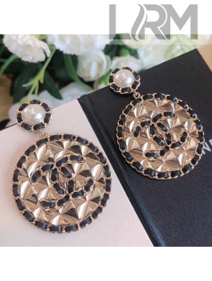 Chanel Quilted Round Metal Chain Leather Short Earrings AB3047 2019