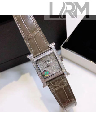 Hermes H-Our Crocodile Embossed Leather Crystal Watch 26x26mm Grey 2020