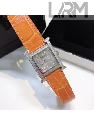 Hermes H-Our Crocodile Embossed Leather Crystal Watch 26x26mm Orange 2020