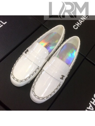 Chanel Patent Calfskin Rainbow Lining Chain Flat Loafers G35631 White 2020