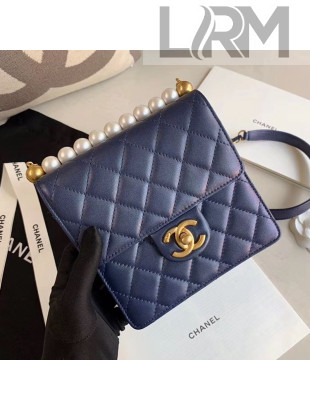 Chanel Quilted Iridescent Lambskin Pearls Flap Bag AS0584 Blue 2019