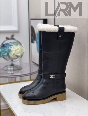 Chanel Calfskin Wool High Boots with CC Strap Black 2020