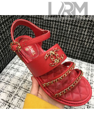 Chanel Calfskin Chain Flat Sandals Red 2021