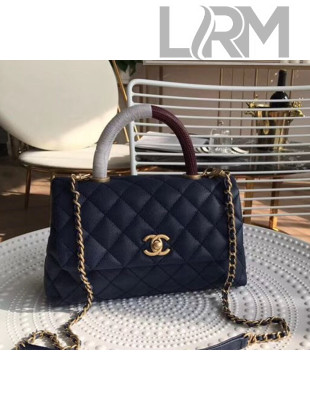 Chanel Grained Calfskin Flap Top Handle Bag Dark Blue 2019