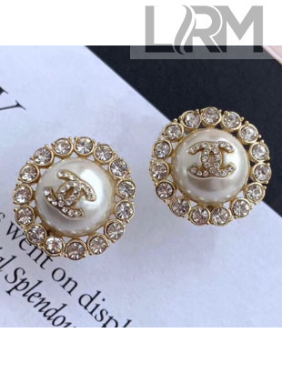 Chanel Crystal Pearl Round Stud Earrings 2019