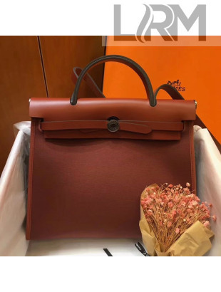 Hermes Herbag 31cm PM Double-Canvas Shoulder Bag Rust Red/Dark Coffee