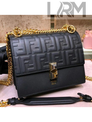 Fendi Kan I Small Raised FF Calfskin Flap Shoulder Bag Black 