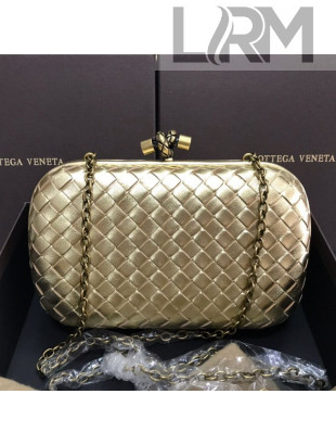 Bottega Veneta Knot Woven Lambskin Clutch with Chain Gold 01 2019