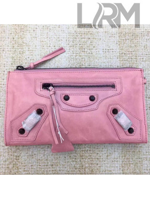 Balen...ga Calfskin Clasic City Wallet With Chain Pink