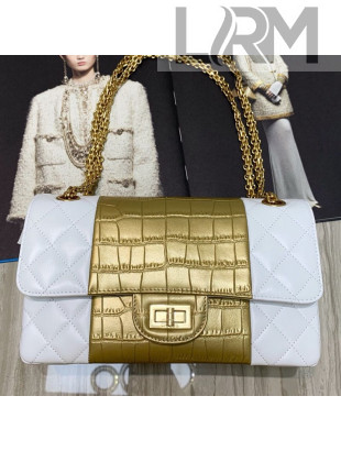 Chanel Lambskin and Crocodile Embossed Calfskin Medium 2.55 Flap Bag A37586 White/Gold 2019