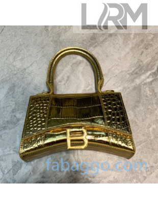 Balenciaga Hourglass Mini Top Handle Bag in Metallic Crocodile Embossed Leather Gold 2020