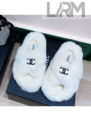 Chanel Rabbit Fur Cross Flat Sandals White 2020