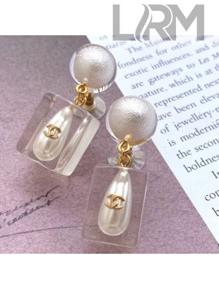 Chanel Transparent Resin Pearl Short Earrings White/Gold 02 2019