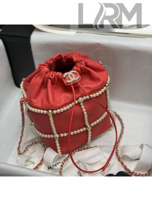 Chanel Pearl Quilted Small Drawstring Bucket Bag AS2313 Red 2021