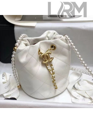 Chanel Quilted Small Drawstring Bucket Bag with Pearl Strap White 2021