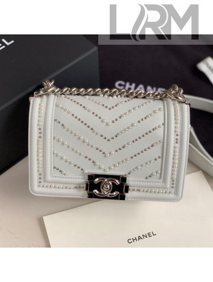 Chanel Pearl Chevron Calfskin Small Boy Flap Bag A67085 White/Silver 2020